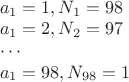 $\\a_1=1, N_1=98\\
a_1=2, N_2=97\\
\cdots\\
a_1=98, N_{98}=1$