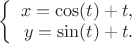 $\left\{\begin{array}{rcl} x= \cos (t)+t, \\ y=\sin(t)+t. \\\end{array}\right.$