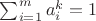 $\sum_{i=1}^{m} a_i^k=1$