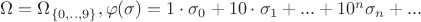 $\Omega =\Omega _{\{0,..,9\}}, \varphi (\sigma)=1\cdot\sigma _0+10\cdot\sigma _1+...+10^n\sigma _n+...$