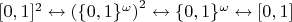 $[0, 1]^2 \leftrightarrow \left(\{0, 1\}^\omega\right)^2 \leftrightarrow \{0, 1\}^\omega \leftrightarrow [0, 1]$