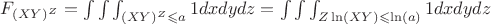 $F_{(XY)^Z}=\int \int \int_{(XY)^Z \leqslant a}1dxdydz=\int \int \int_{Z\ln(XY) \leqslant \ln(a)}1dxdydz$