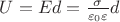 $U = Ed = \frac{\sigma}{\varepsilon_0 \varepsilon}d$