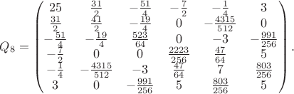 $$Q_8=
\begin{pmatrix}
25&\frac{31}{2}&-\frac{51}{4}&-\frac72&-\frac14&3\\
\frac{31}{2}&\frac{41}{2}&-\frac{19}{4}&0&-\frac{4315}{512}&0\\
-\frac{51}{4}&-\frac{19}{4}&\frac{523}{64}&0&-3&-\frac{991}{256}\\
-\frac72&0&0&\frac{2223}{256}&\frac{47}{64}&5\\
-\frac14&-\frac{4315}{512}&-3&\frac{47}{64}&7&\frac{803}{256}\\
3&0&-\frac{991}{256}&5&\frac{803}{256}&5
\end{pmatrix}.$$