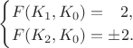 $$\begin{cases}F(K_1,K_0)=\hphantom{-}2,\\F(K_2,K_0)=\pm2.\end{cases}$$