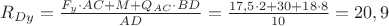 $R_{Dy} = \frac{F_{y}\cdot AC+M+Q_{AC}\cdot BD}{AD}=\frac{17,5\cdot 2+30+18\cdot 8}{10}=20,9$