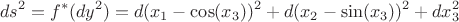 $$
ds^2=f^*(d y^2)=d(x_1-\cos(x_3))^2+d(x_2-\sin(x_3))^2+dx_3^2
$$