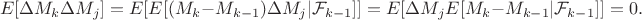 $$
E[\Delta M_k \Delta M_j] = E[E[(M_{k}-M_{k-1})\Delta M_j|\mathcal F_{k-1}]] = E[\Delta M_j E[M_{k}-M_{k-1}|\mathcal F_{k-1}]]=0.
$$