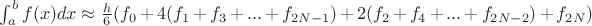 $\int_{a}^{b} f(x)dx \approx \frac{h}{6}(f_{0}+4(f_{1}+f_{3}+...+f_{2N-1})+2(f_{2}+f_{4}+...+f_{2N-2})+f_{2N})$ $\int_{a}^{b} f(x)dx \approx \frac{h}{6}(f_{0}+4(f_{1}+f_{3}+...+f_{2N-1})+2(f_{2}+f_{4}+...+f_{2N-2})+f_{2N})$