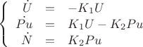 $$\left\{
\begin{array}{rcl}
\dot{U} &=& -K_1U\\
\dot{Pu} &=& K_1U-K_2Pu\\
\dot{N} &=& K_2Pu\\
\end{array}
\right.$$