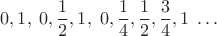 $$ 0, 1, \; 0, \frac{1}{2}, 1, \; 0, \frac{1}{4}, \frac{1}{2}, \frac{3}{4}, 1 \; \dots$$