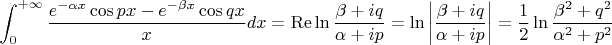 $$
\int_0^{+\infty}\frac{e^{-\alpha x}\cos px-e^{-\beta x}\cos qx}{x} dx=\mathop{\mathrm{Re}}\ln\frac {\beta+iq}{\alpha+ip}=\ln\left|\frac{\beta+iq}{\alpha+ip}\right|=\frac{1}{2}\ln\frac{\beta^2+q^2}{\alpha^2+p^2}
$$