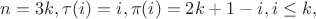 $n=3k, \tau(i)=i, \pi(i)=2k+1-i,i\le k,$