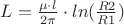 $L=\frac{\mu\cdot l}{2 \pi}\cdot ln(\frac{R2}{R1})$