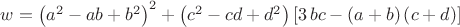 $w= \left( {a}^{2}-ab+{b}^{2} \right) ^{2}+ \left( {c}^{2}-cd+{d}^{2} \right)  \left[ 3\,bc- \left( a+b \right)  \left( c+d \right)  \right]$