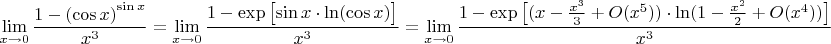 $$\displaystyle\lim\limits_{x\to 0}\dfrac{1-{(\cos x)}^{\sin x}}{x^3}=\displaystyle\lim\limits_{x\to 0}\dfrac{1-{\exp\big[{\sin x\cdot \ln(\cos x)}}\big]}{x^3}=\displaystyle\lim\limits_{x\to 0}\dfrac{1-{\exp\big[{(x-\frac{x^3}{3}+O(x^5))\cdot \ln(1-\frac{x^2}{2}+O(x^4))}}\big]}{x^3}$$
