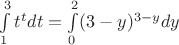 $\int\limits_{1}^{3}t^{t}dt=\int\limits_{0}^{2}(3-y)^{3-y}dy$