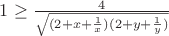 $1\ge \frac 4 {\sqrt {(2+x+\frac 1 x)(2+y+\frac 1 y)}}$