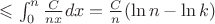 $\leqslant \int_0^n \frac{C}{nx}dx = \frac{C}{n} (\ln n - \ln k)$