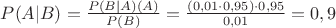 $P(A|B)=\frac{P(B|A)\cdotP(A)}{P(B)}=\frac{(0,01\cdot0,95)\cdot0,95}{0,01}=0,9$