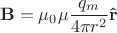 $$\mathbf{B}=\mu_0 \mu \frac{q_m}{4 \pi r^2}\mathbf{\hat{r}}$$