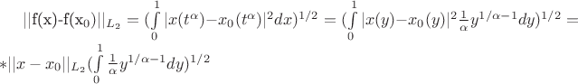 ||f(x)-f(x_0)||_{L_2} = (\int \limits_{0}^{1} |x(t^\alpha)-x_0(t^\alpha)|^2 dx)^{1/2} = 
(\int \limits_{0}^{1} |x(y)-x_0(y)|^2 \frac{1}{\alpha}y^{1/\alpha-1}dy)^{1/2} =* ||x-x_0||_{L_2}(\int \limits_{0}^{1}\frac{1}{\alpha}y^{1/\alpha-1}dy)^{1/2}