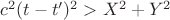 $c^2(t-t')^2>X^2+Y^2$