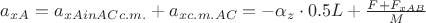 $a_{xA} = a_{xA in AC c.m.} + a_{x c.m. AC} =  - \alpha _z \cdot 0.5L + \tfrac{F+F_{xAB}}{M}$