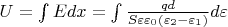 $U = \int{Edx} = \int{\frac{qd}{S\varepsilon \varepsilon_0 (\varepsilon_2 - \varepsilon_1)} d\varepsilon} $