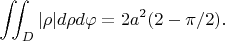 $$\iint_D |\rho| d \rho d \varphi = 2 a^2(2-\pi/2).$$