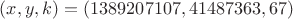 $(x,y,k)=(1389207107, 41487363, 67)$
