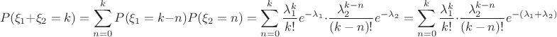 $$P(\xi_1+\xi_2=k)=\sum_{n=0}^{k}P(\xi_1=k-n)P(\xi_2=n)=\sum_{n=0}^{k}\dfrac{\lambda_1^k}{k!}e^{-\lambda_1}\cdot \dfrac{\lambda_2^{k-n}}{(k-n)!}e^{-\lambda_2}=\sum_{n=0}^{k}\dfrac{\lambda_1^k}{k!}\cdot\dfrac{\lambda_2^{k-n}}{(k-n)!}e^{-(\lambda_1+\lambda_2)}$$