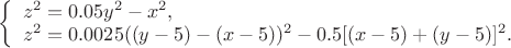 $ \left\{\begin{array}{l}
z^2 = 0.05y^2 -x^2, \\
z^2 = 0.0025((y-5) - (x-5))^2 -0.5[(x-5)+(y-5)]^2.
\end{array} \right$