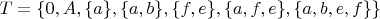 $T = \{0,A, \{a\}, \{a,b\},\{f,e\},\{a,f,e\},\{a,b,e,f\}\} $