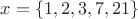 $ x=\{1,2,3,7,21\}$