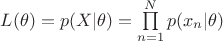 $% MathType!MTEF!2!1!+-
% feaagCart1ev2aaatCvAUfeBSjuyZL2yd9gzLbvyNv2CaerbdfgBPj
% MCPbqedmvETj2BSbqefm0B1jxALjhiov2DaebbnrfifHhDYfgasaac
% H8srps0lbbf9q8WrFfeuY-Hhbbf9v8qqaqFr0xc9pk0xbba9q8WqFf
% ea0-yr0RYxir-Jbba9q8aq0-yq-He9q8qqQ8frFve9Fve9Ff0dmeaa
% baqaciGacaGaaeqabaWaaeaaeaaakabbaaaaaaaaxxo8TVF6a8qaba
% GaamitaiaacIcacqaH4oqCcaGGPaGaeyypa0JaamiCaiaacIcacaWG
% ybGaaiiFaiabeI7aXjaacMcacqGH9aqpdaqeWbqaaiaadchacaGGOa
% GaamiEamaaBaaaleaacaWGUbaabeaakiaacYhacqaH4oqCcaGGPaaa
% leaacaWGUbGaeyypa0JaaGymaaqaaiaad6eaa0Gaey4dIunaaaa!5191!
\[L(\theta ) = p(X|\theta ) = \prod\limits_{n = 1}^N {p({x_n}|\theta )} \]$