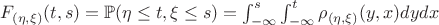 $F_{(\eta, \xi)}(t, s) = \mathbb{P}(\eta \leq t, \xi \leq s) = \int_{-\infty}^{s}\int_{-\infty}^{t}\rho_{(\eta, \xi)}(y, x)dydx$ $F_{(\eta, \xi)}(t, s) = \mathbb{P}(\eta \leq t, \xi \leq s) = \int_{-\infty}^{s}\int_{-\infty}^{t}\rho_{(\eta, \xi)}(y, x)dydx$
