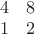 $% MathType!MTEF!2!1!+-
% feaafiart1ev1aaatCvAUfeBSjuyZL2yd9gzLbvyNv2CaerbuLwBLn
% hiov2DGi1BTfMBaeXatLxBI9gBaerbd9wDYLwzYbItLDharqqtubsr
% 4rNCHbGeaGqiVu0Je9sqqrpepC0xbbL8F4rqqrFfpeea0xe9Lq-Jc9
% vqaqpepm0xbba9pwe9Q8fs0-yqaqpepae9pg0FirpepeKkFr0xfr-x
% fr-xb9adbaqaaeGaciGaaiaabeqaamaabaabaaGcbaqbaeqabiGaaa
% qaaiaaisdaaeaacaaI4aaabaGaaGymaaqaaiaaikdaaaaaaa!38F4!
\[
\begin{array}{*{20}c}
   4 & 8  \\
   1 & 2  \\
\end{array}
\]$