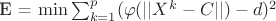E = $\min \sum_{k=1}^p (\varphi(||X^k - C||) - d)^2 $