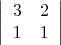 $$\left| {\begin{array}{*{20}c}
   3 & 2  \\
   1 & 1  \\
\end{array}} \right|$
$