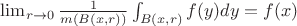 $\lim_{r \to 0} \frac{1}{m(B(x,r))}\int_{B(x,r)} f(y) dy = f(x)$
