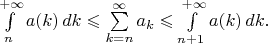 $\int\limits_{n}^{+\infty}a(k)\,dk\leqslant\sum\limits_{k=n}^{\infty}a_k\leqslant\int\limits_{n+1}^{+\infty}a(k)\,dk.$