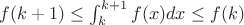 $f(k+1)\leq \int_k^{k+1}{f(x)dx} \leq f(k)$