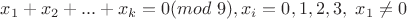 $x_1+x_2+...+x_k=0(mod \ 9), x_i=0,1,2,3, \ x_1\not =0$