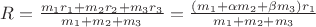 $R=\frac{m_1 r_1+m_2 r_2+ m_3 r_3}{m_1+m_2+m_3}=\frac{(m_1 +\alpha m_2 + \beta m_3)r_1}{m_1+m_2+m_3}$