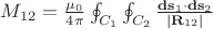 $M_{12} = \frac{\mu_0}{4\pi} \oint_{C_1}\oint_{C_2} \frac{\mathbf{ds}_1\cdot\mathbf{ds}_2}{|\mathbf{R}_{12}|}$