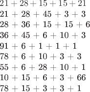 $
21 + 28 + 15 + 15 + 21

21 + 28 + 45 + 3 + 3

28 + 36 + 15 + 15 + 6

36 + 45 + 6 + 10 + 3

91 + 6 + 1 + 1 + 1

78 + 6 + 10 + 3 + 3

55 + 6 + 28 + 10 + 1

10 + 15 + 6 + 3 + 66

78 + 15 + 3 + 3 + 1
$