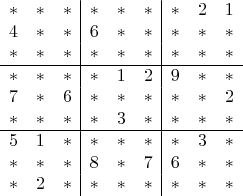 $$\begin{array}{ccc|ccc|ccc}
*&*&*&*&*&*&*&2&1\\
4&*&*&6&*&*&*&*&*\\
*&*&*&*&*&*&*&*&*\\
\hline
*&*&*&*&1&2&9&*&*\\
7&*&6&*&*&*&*&*&2\\
*&*&*&*&3&*&*&*&*\\
\hline
5&1&*&*&*&*&*&3&*\\
*&*&*&8&*&7&6&*&*\\
*&2&*&*&*&*&*&*&*\\\end{pmatrix}$$