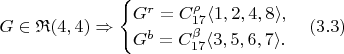 $$G \in \mathfrak{R}(4, 4) \Rightarrow
                        \begin{cases}
                                G^r = C_{17}^{\rho} \langle 1, 2, 4, 8 \rangle,\\
                                G^b = C_{17}^{\beta} \langle 3, 5, 6, 7 \rangle.
                        \end{cases} (3.3)$$