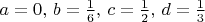 $a=0,\,b=\frac16,\,c=\frac12,\,d=\frac13$